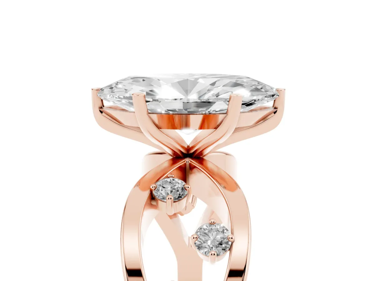 Marquise Cut Cut Solitaire Diamond with Side Stones on Criss-Cross Band and Four-Prong Setting Rose gold