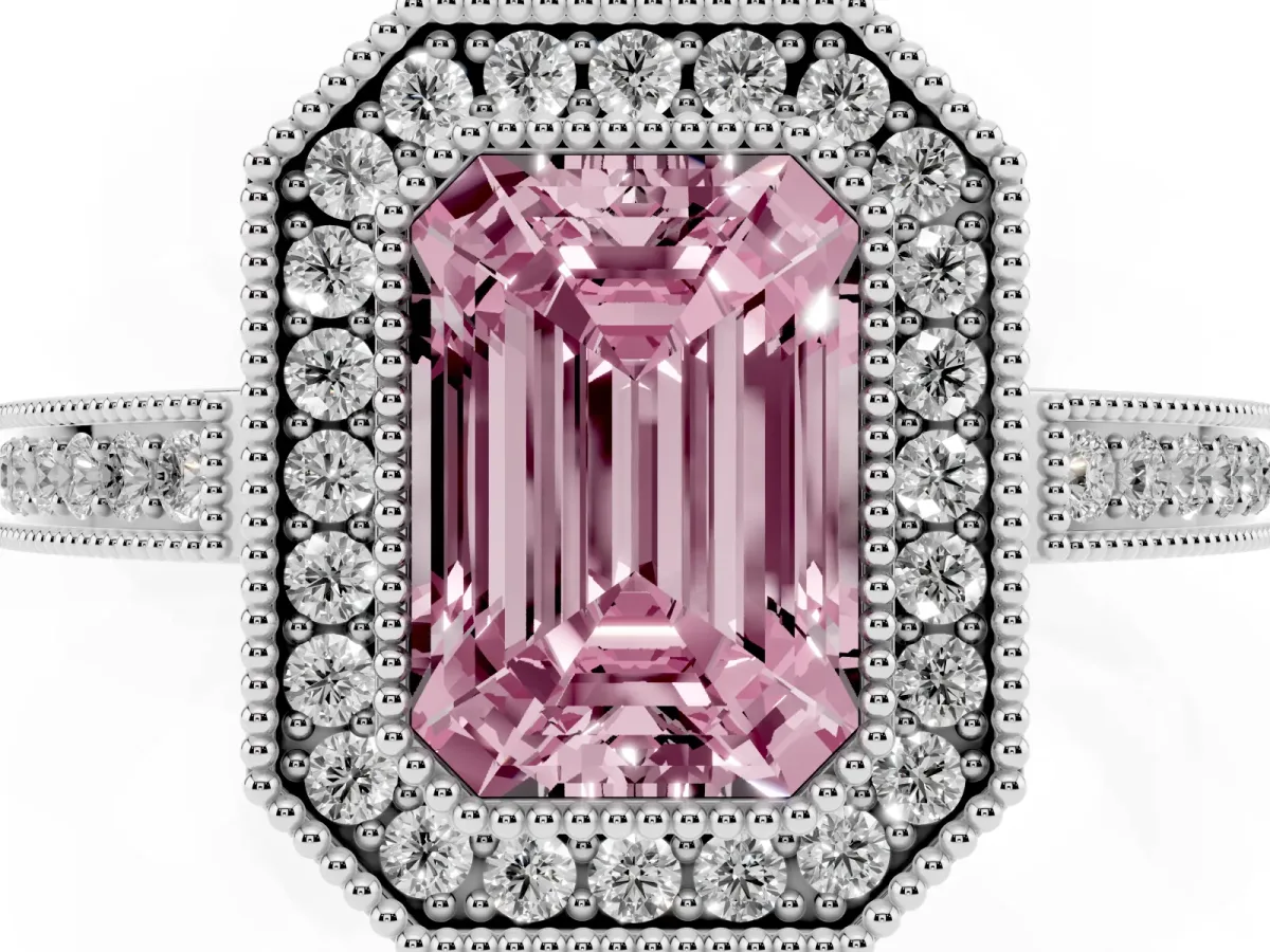 Fancy Pink Emerald Cut Cut Halo Diamond Ring with Pavé Band and Milgrain Prong Setting Silver