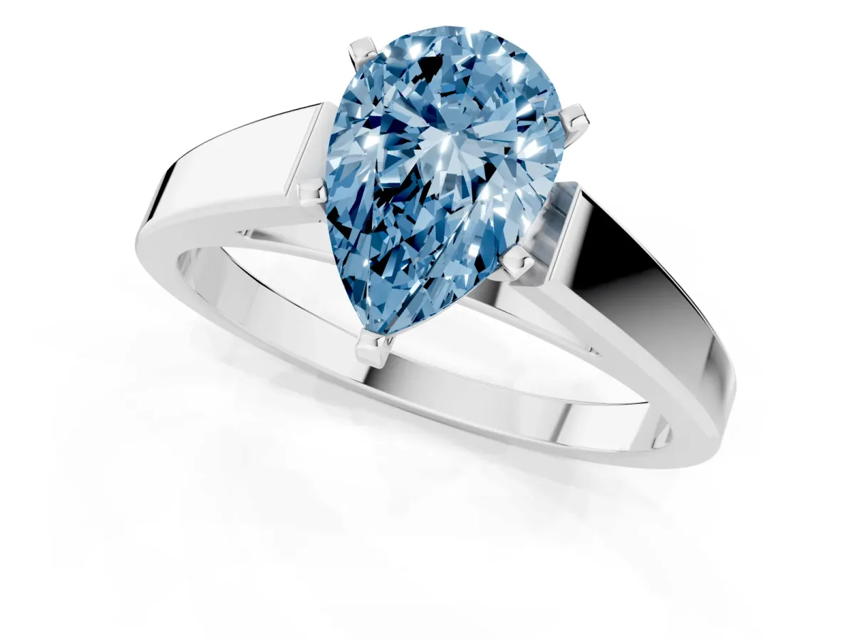 Fancy Blue Pear Cut Solitaire Engagement Ring with Four-Prong Setting and Tapered Band Platinum