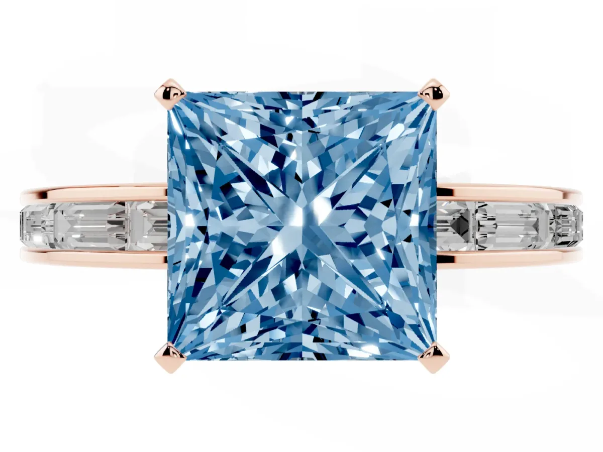 Fancy Blue Princess Cut Solitaire Diamond Ring with Channel-Set Baguette Band and Four-Prong Setting Rose gold