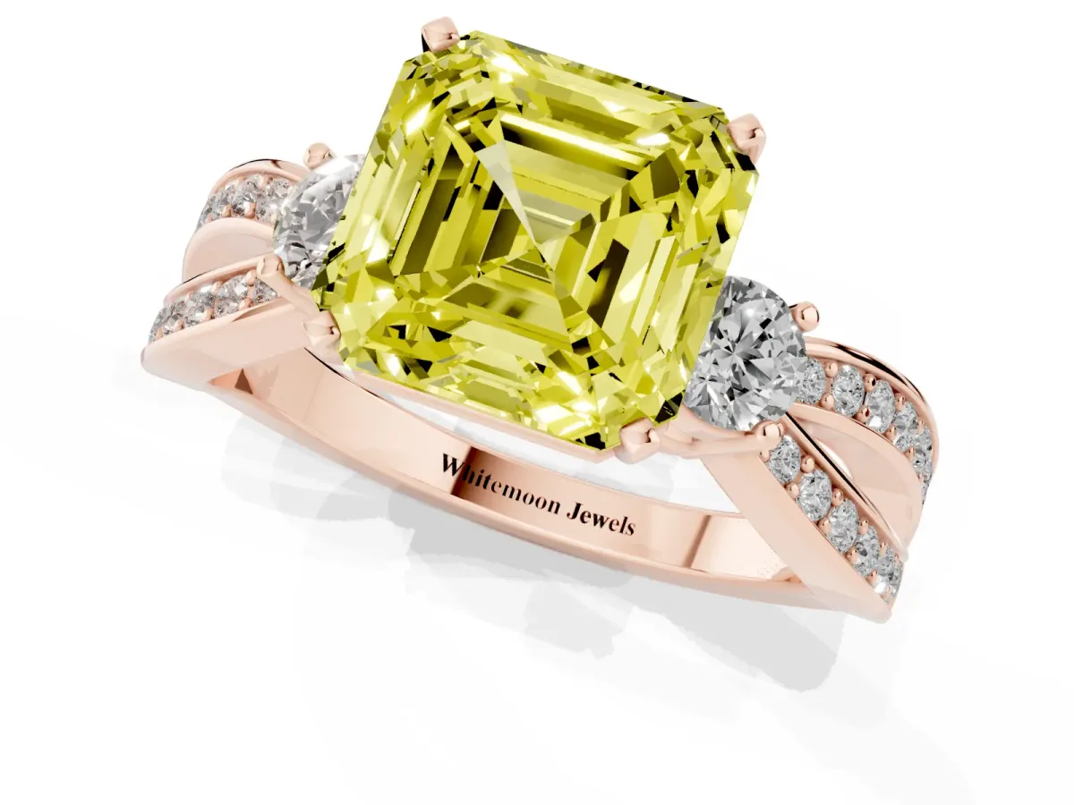 Fancy Yellow Three-Stone Asscher Cut Cut Diamond Twist Band with Prong Setting Rose gold