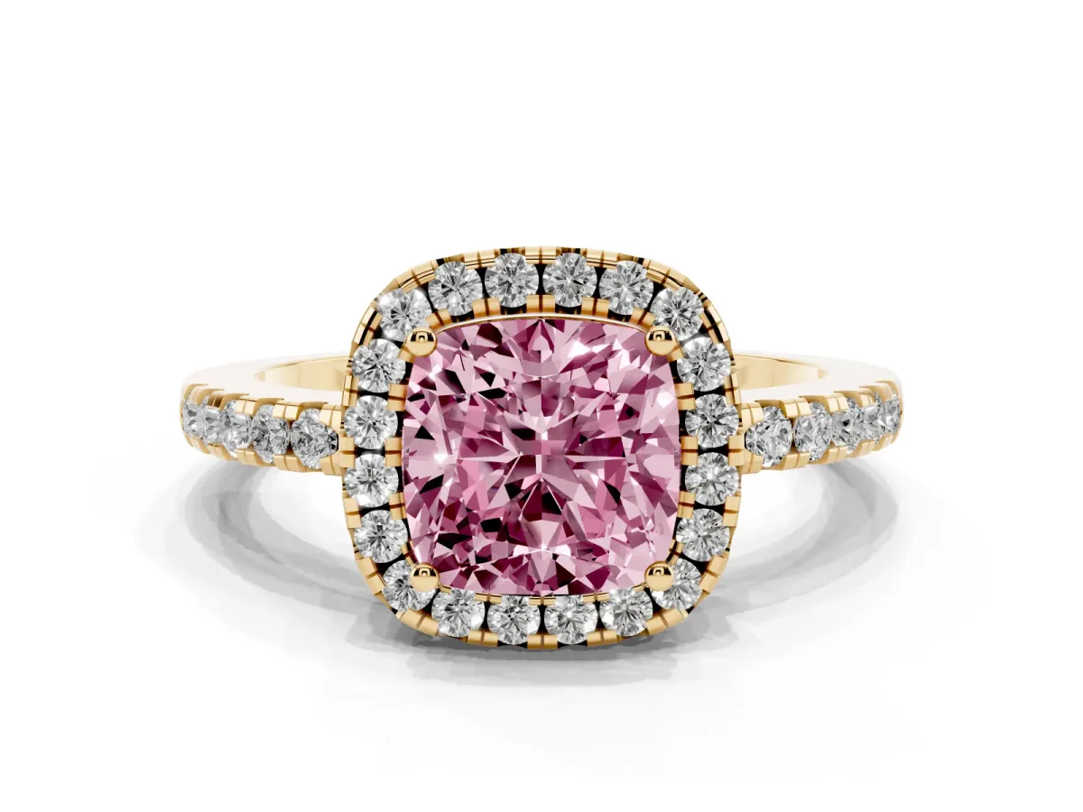 Fancy Pink Cushion Cut Halo Diamond Engagement Ring with Pavé Band and Four-Prong Setting Yellow gold