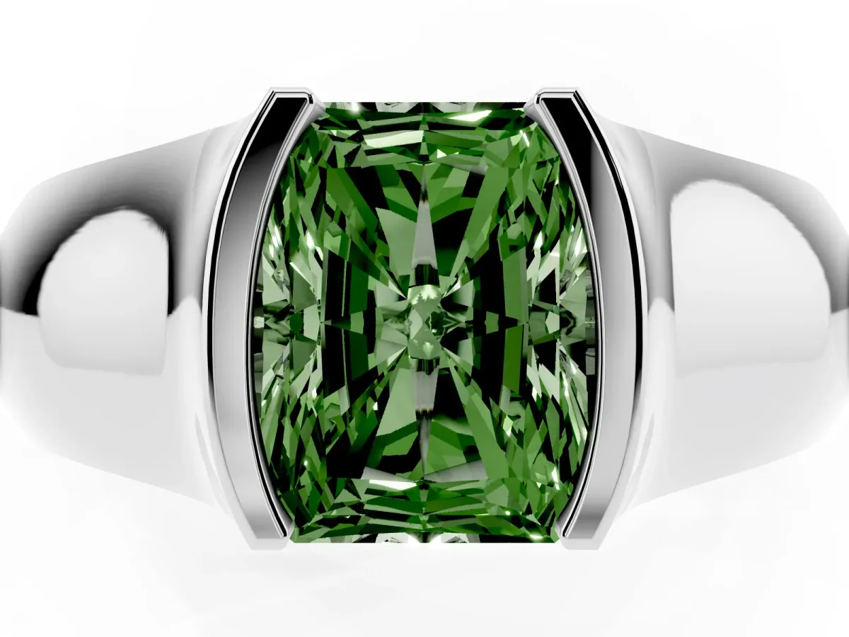 Fancy Green Radiant Cut Solitaire Bezel Set Diamond Ring with Wide Band Silver