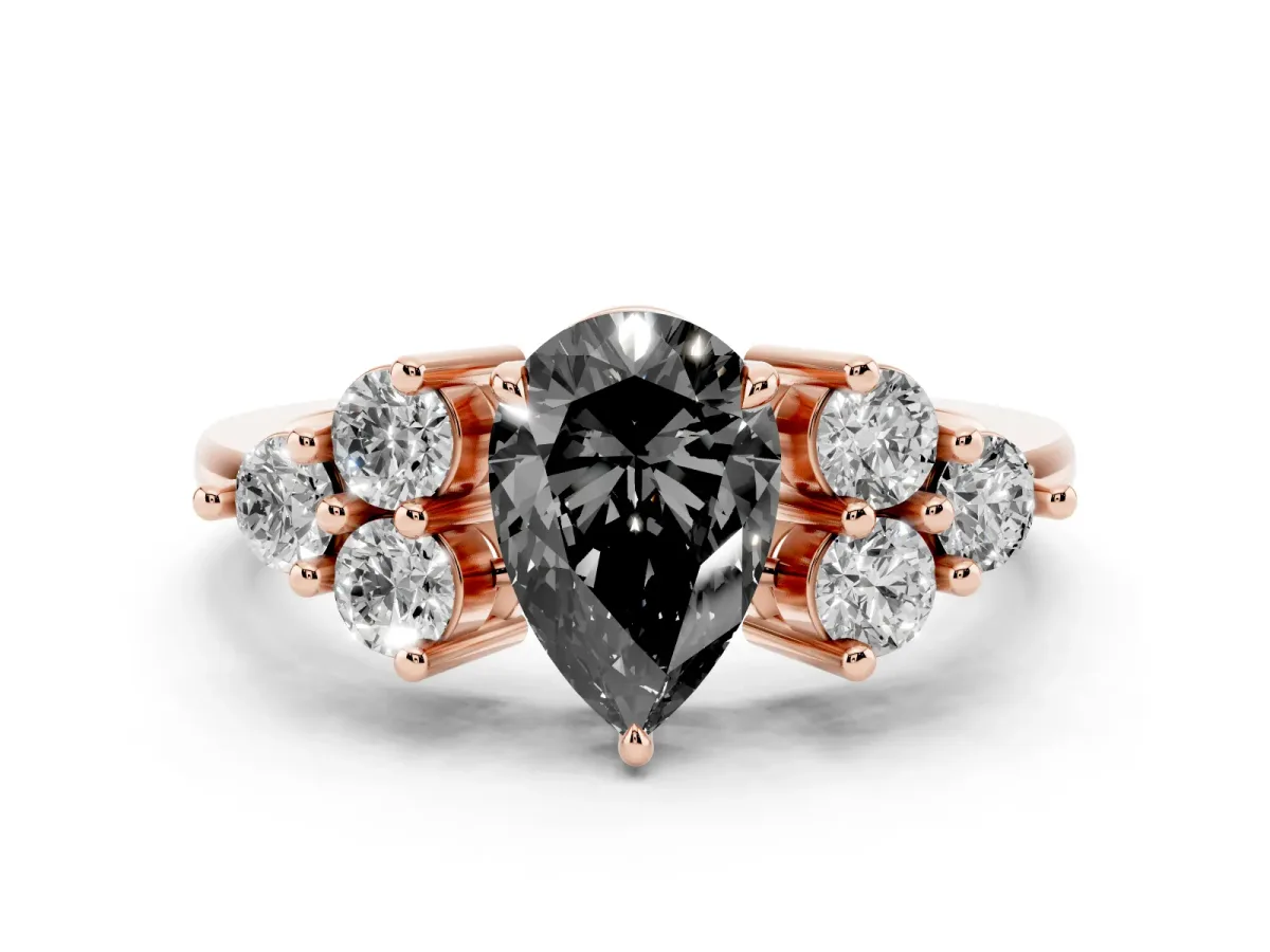 Fancy Black Pear Cut Brilliant Diamond Cluster Accent Solitaire Ring with Prong Setting Rose gold