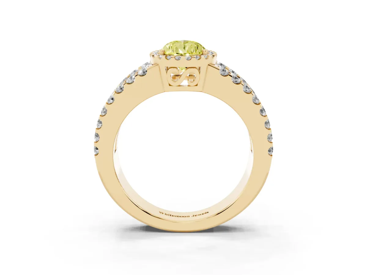 Fancy Yellow Pear Cut Cut Halo Split Shank Diamond Ring with Four-Prong Setting Yellow gold