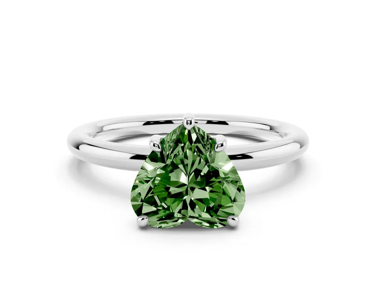Fancy Green Heart Cut Solitaire Diamond Ring with Four-Prong Setting on a Plain Band Platinum