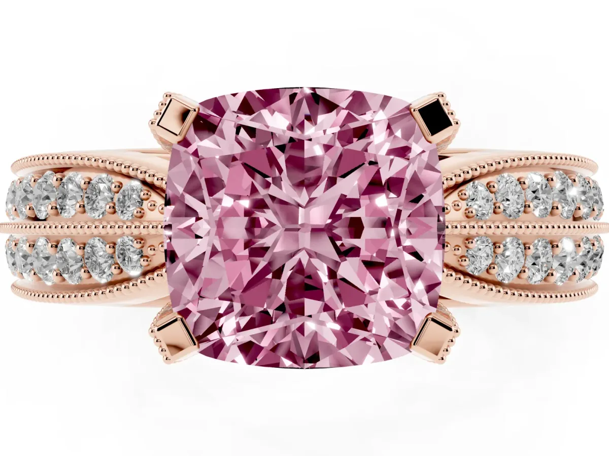 Fancy Pink Cushion Cut Diamond Solitaire Ring with Milgrain Round Pavé Band and Prong Setting Rose gold
