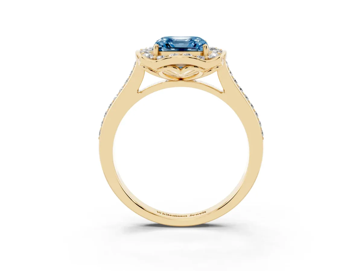 Fancy Blue Asscher Cut Halo Round Diamond Pave Band with Four-Prong Setting Yellow gold