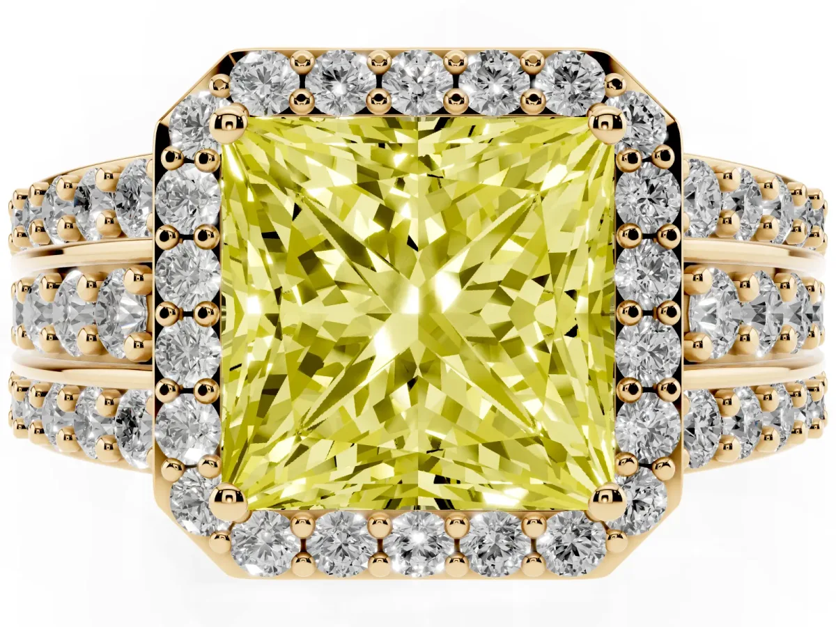 Fancy Yellow Princess Cut Halo Diamond Ring with Round Split Shank and Prong Setting Yellow gold