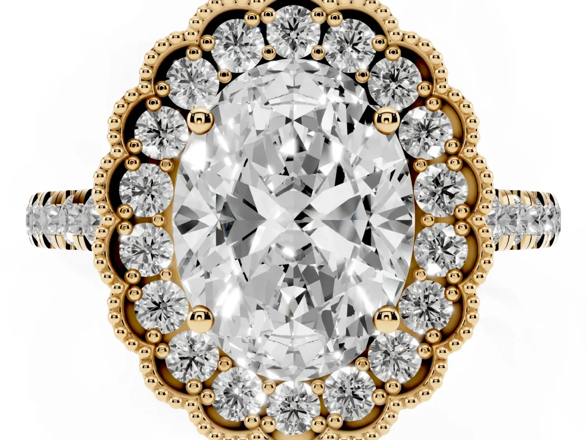 Oval Cut Cut Diamond Milgrain Floral Halo Engagement Ring with Pavé Band Yellow gold