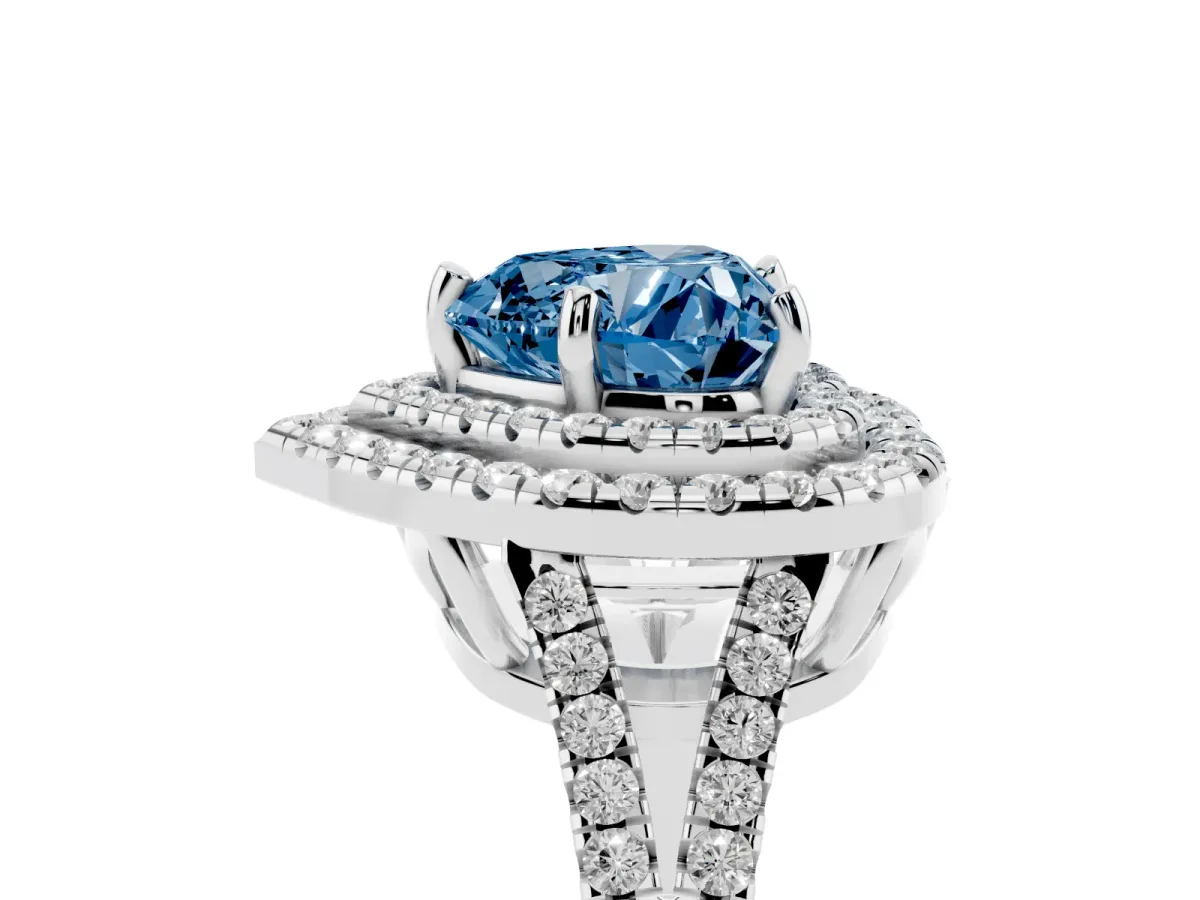 Fancy Blue Heart Cut Diamond Double Halo Ring with Pavé Band and Prong Setting Silver