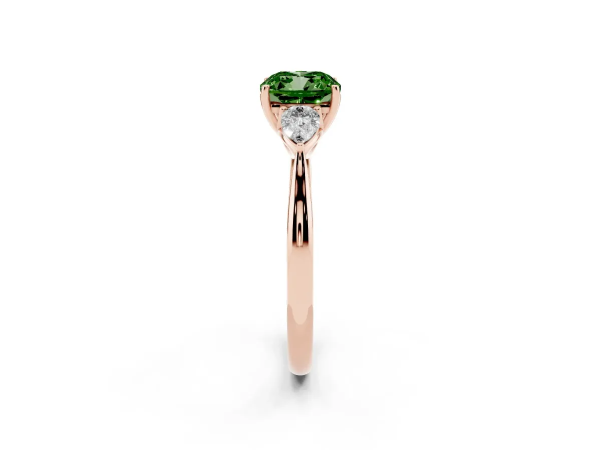 Fancy Green Three-Stone Cushion Cut Diamond Ring with Pear Side Stones in Four-Prong Setting Rose gold