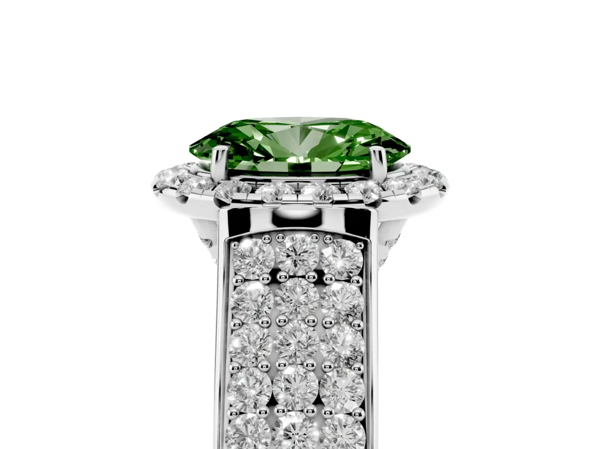 Fancy Green Oval Cut Halo Round Diamond Pave Band with Prong Setting Silver