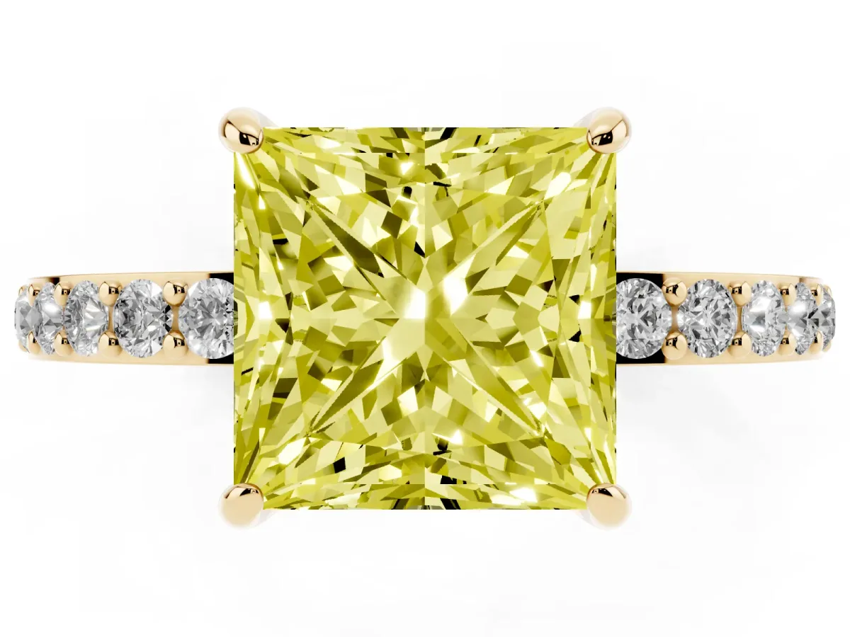 Fancy Yellow Princess Cut Diamond Solitaire Engagement Ring with Pavé Band and Four-Prong Setting Yellow gold