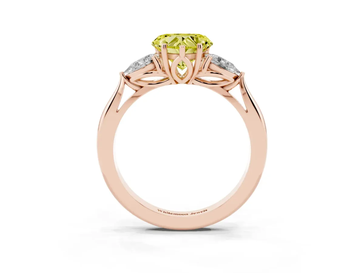 Fancy Yellow Heart Cut Diamond Three-Stone Ring with Pear Side Stones and Prong Setting Rose gold