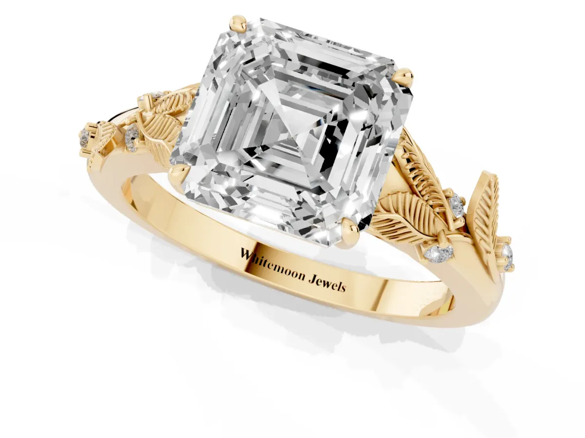 Asscher Cut Diamond Solitaire Ring with Leaf Motif Band and Four-Prong Setting Yellow gold