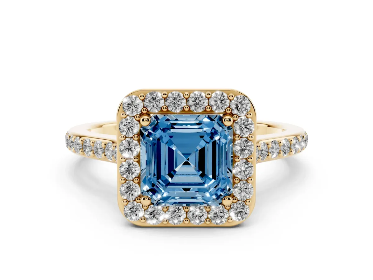 Fancy Blue Asscher Cut Diamond Halo Engagement Ring with Round Pavé Shoulders and Prong Setting Yellow gold