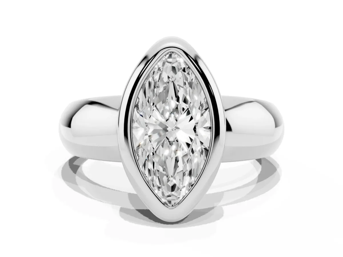 Bezel Set Marquise Cut Solitaire Ring with Wide Band White gold