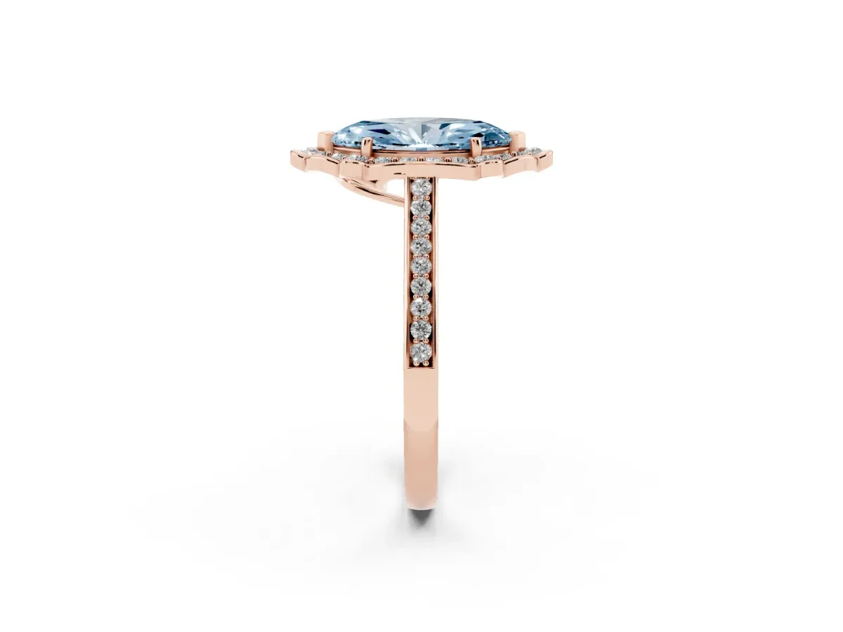 Fancy Blue Marquise Cut Halo Round Diamond Pave Band with Four-Prong Setting Rose gold