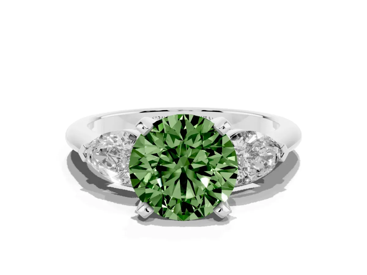 Fancy Green Three-Stone Round Cut Diamond Ring with Pear Side Stones and Four-Prong Setting Platinum