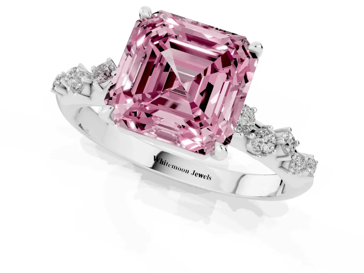 Fancy Pink Asscher Cut Diamond Cluster Side Stone Solitaire Ring with Prong Setting Silver