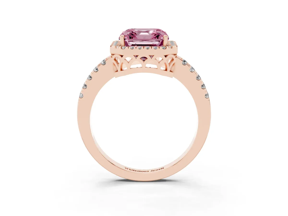 Fancy Pink Asscher Cut Halo Diamond Engagement Ring with Pavé Band and Four-Prong Setting Rose gold