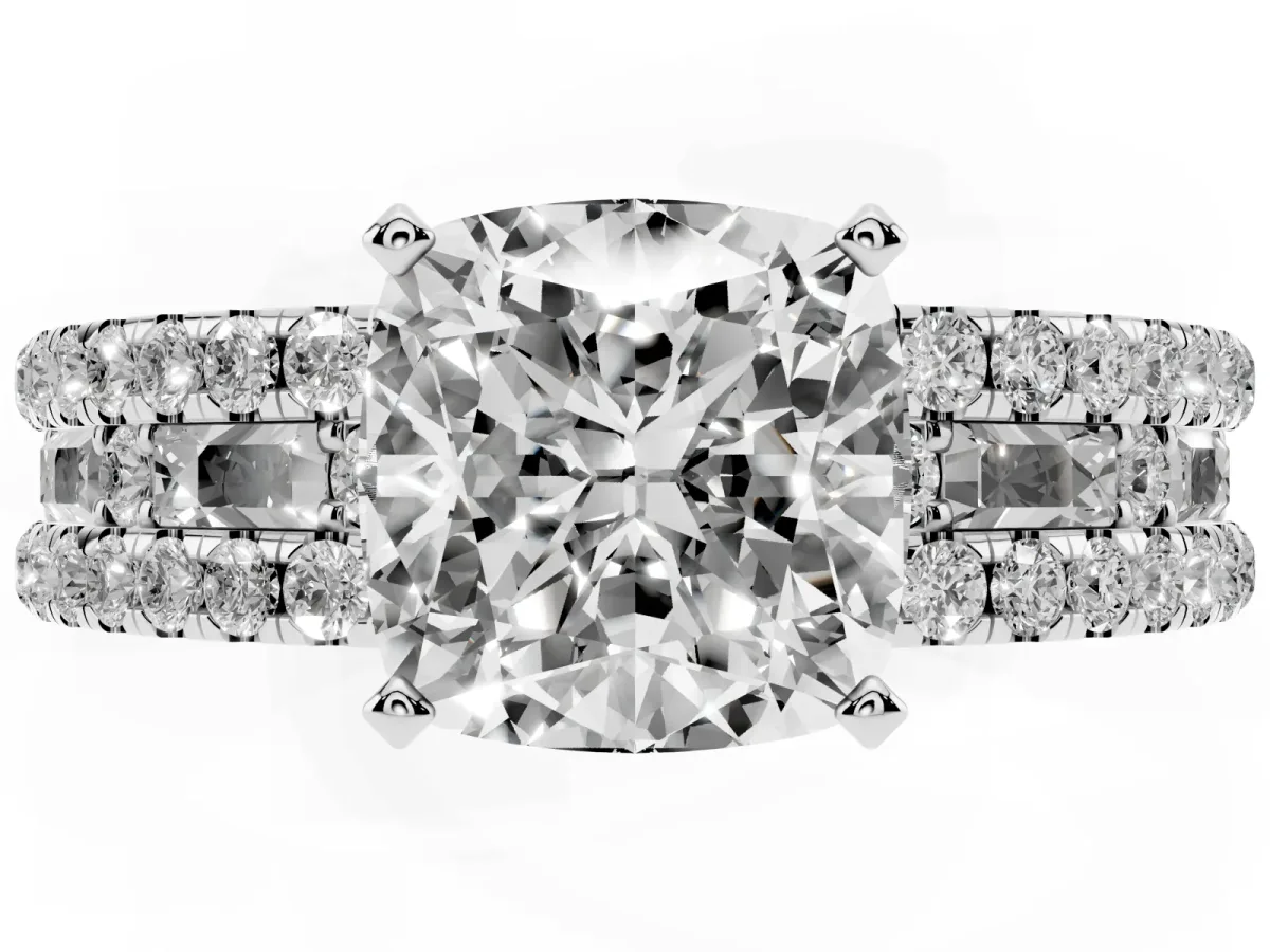 Cushion Cut Diamond Solitaire Ring with Pavé and Channel Set Band Silver