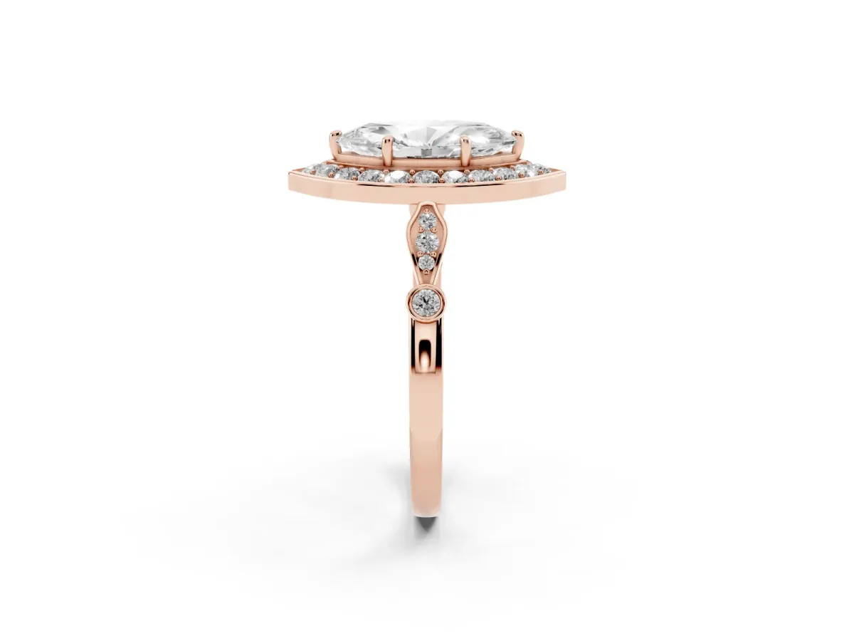 Marquise Cut Halo Diamond Engagement Ring with Twisted Band and Four-Prong Setting Rose gold