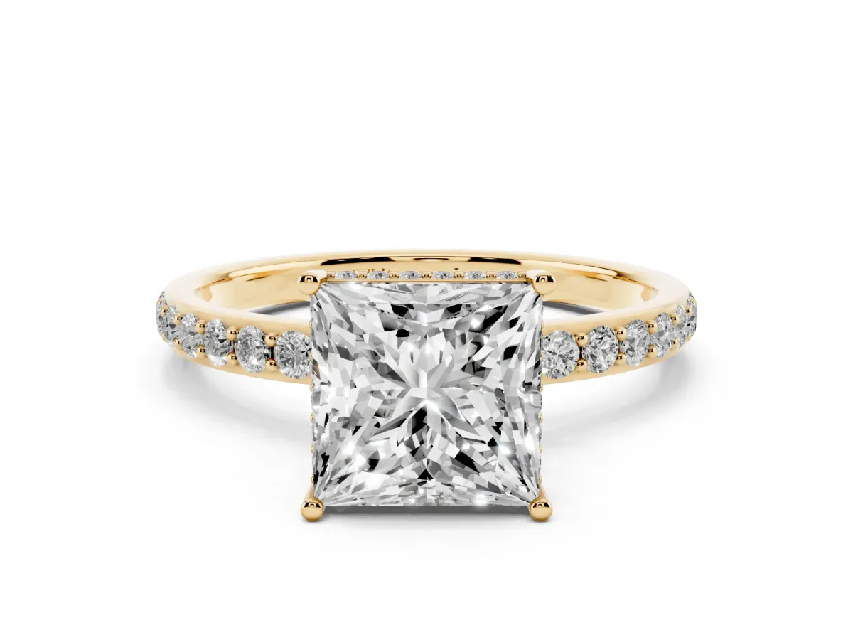 Princess Cut Diamond Solitaire Ring with Pavé Band and Hidden Halo Yellow gold