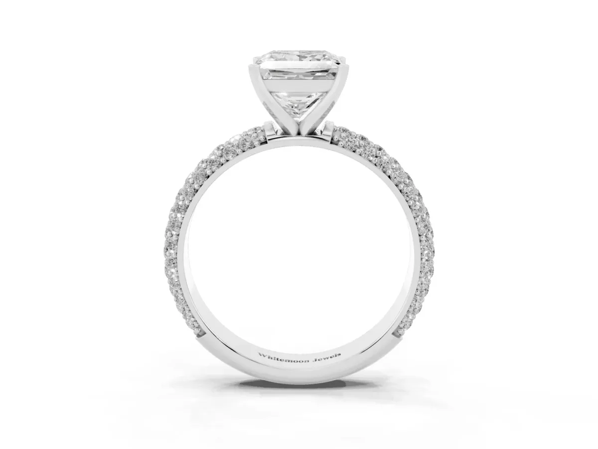 Princess Cut Diamond Solitaire Ring with Prong Setting and Pavé Band Silver