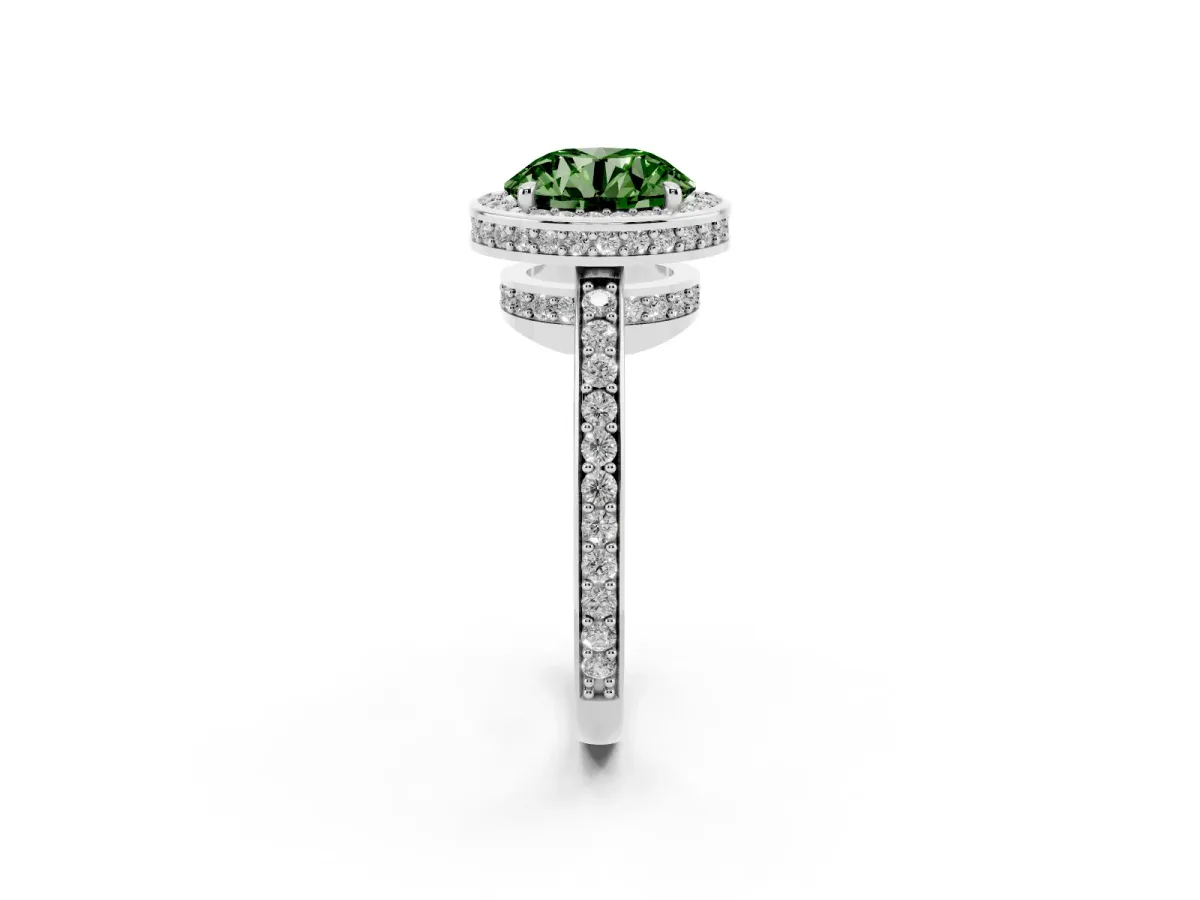 Fancy Green Round Cut Halo Pave Band Solitaire Ring with Prong Setting Silver
