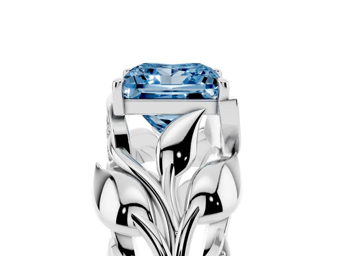 Fancy Blue Princess Cut Diamond Leaf-Inspired Engagement Ring with Round Accents and Prong Setting White gold