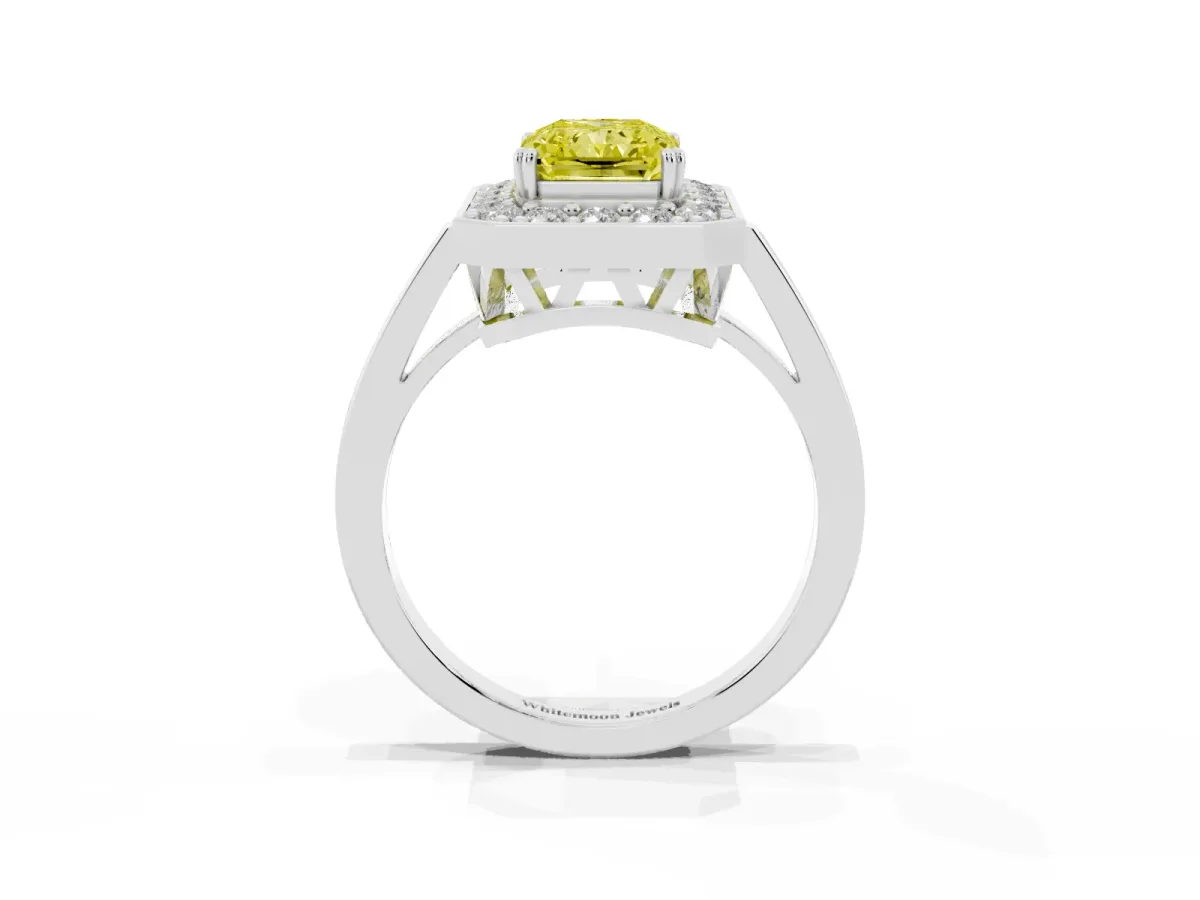 Fancy Yellow Radiant Cut Diamond Halo Ring with Split Shank and Four-Prong Setting Silver
