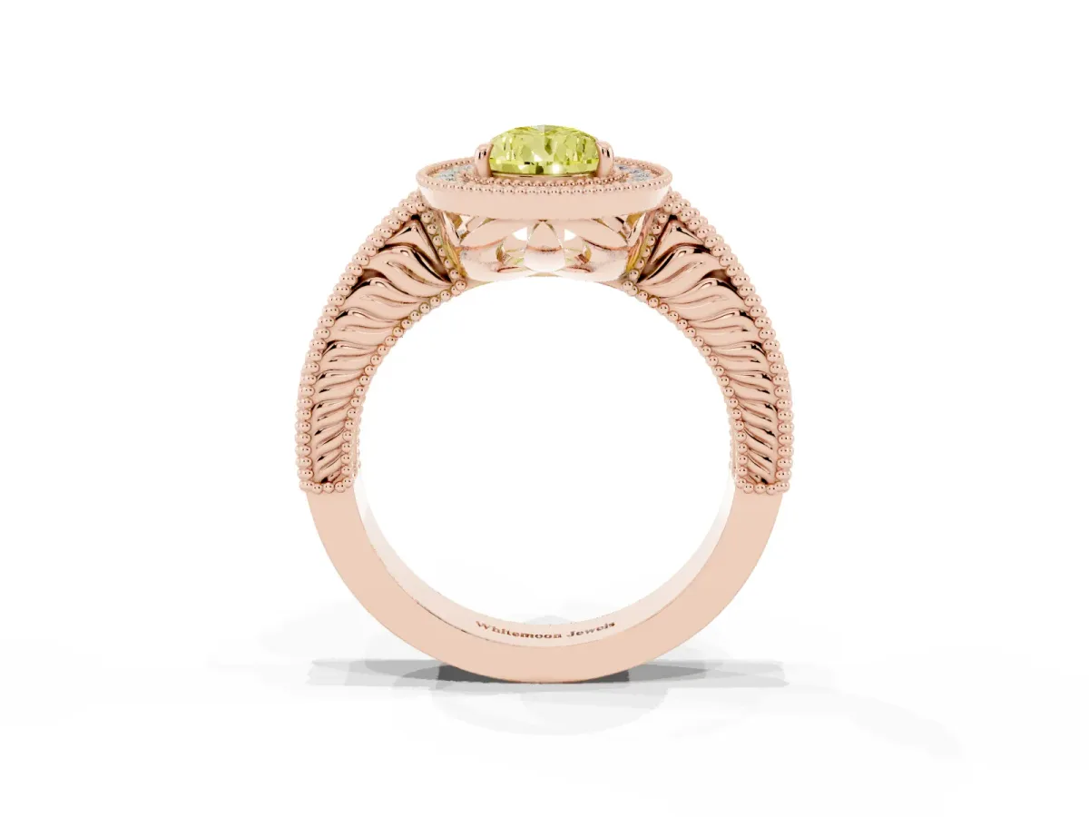 Fancy Yellow Pear Cut Cut Halo Diamond Ring with Pavé Band and Four-Prong Setting Rose gold