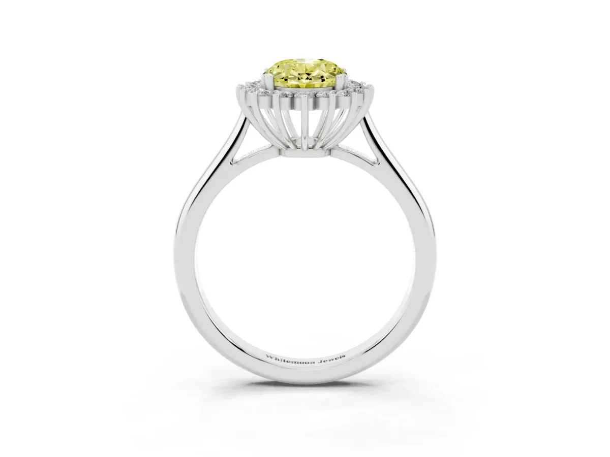 Fancy Yellow Oval Cut Cut Diamond Halo Ring with Solitaire Band and Prong Setting Platinum