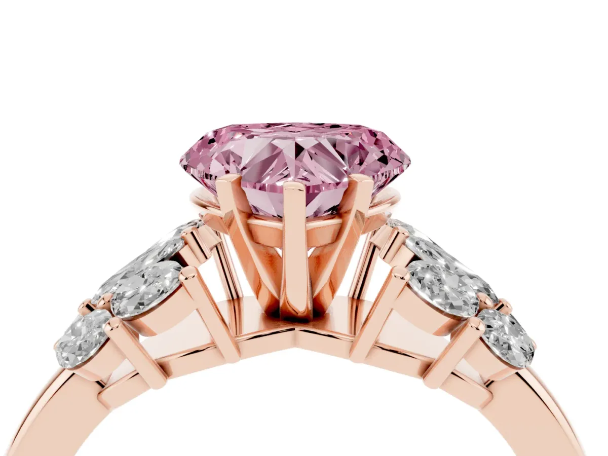 Fancy Pink Heart Cut Diamond Cluster Leaf Design Ring with Prong Setting Rose gold