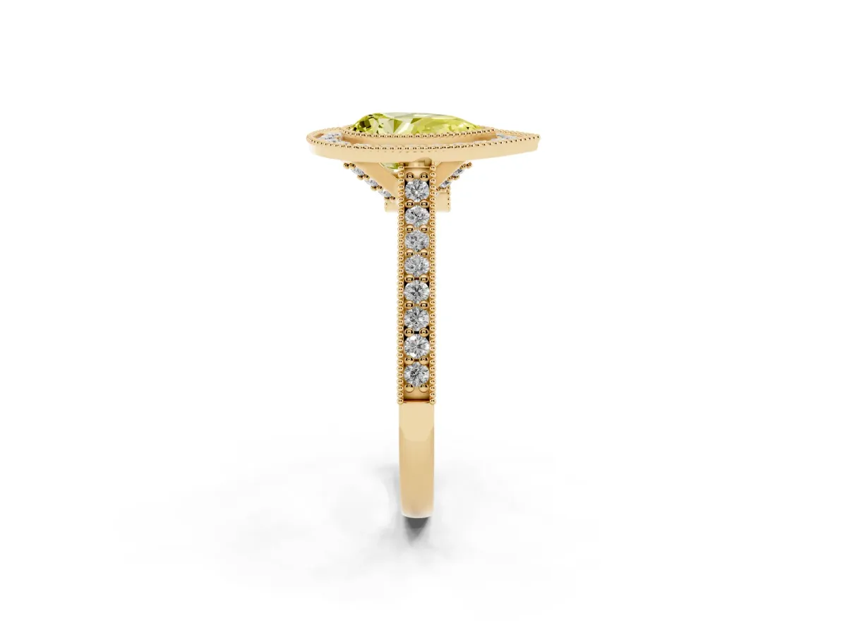 Fancy Yellow Halo Pear Cut-Cut Diamond Pave Band Milgrain Prong Setting Ring Yellow gold