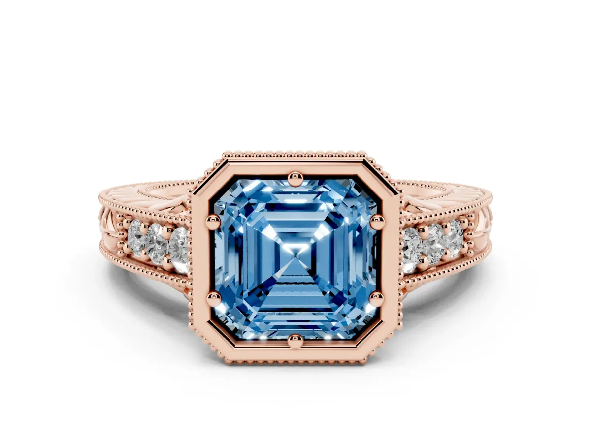Fancy Blue Bezel Set Asscher Cut Diamond Milgrain Pave Engagement Ring Rose gold
