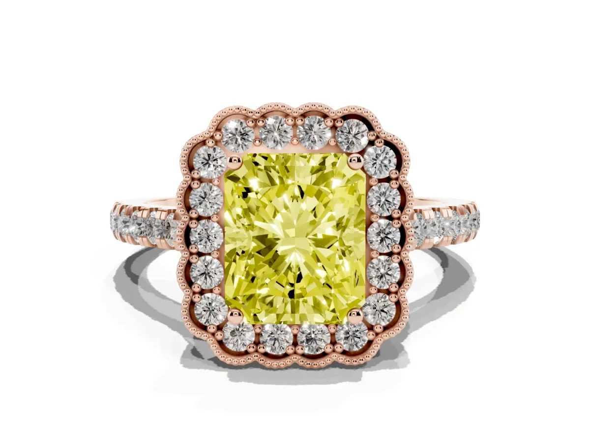 Fancy Yellow Radiant Cut Cut Diamond Milgrain Floral Halo Engagement Ring with Pavé Band Rose gold