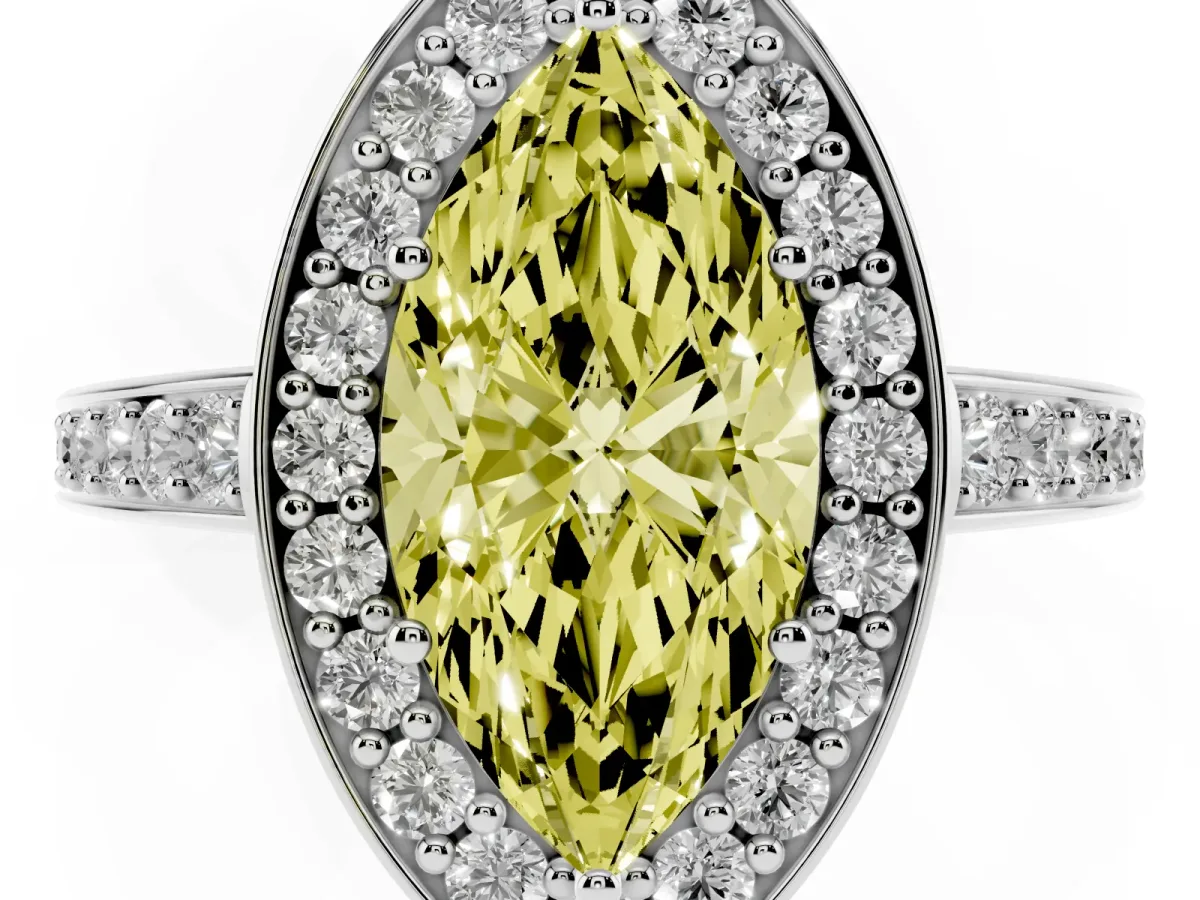 Fancy Yellow Marquise Cut Halo Pavé Diamond Engagement Ring with Bezel Setting Silver