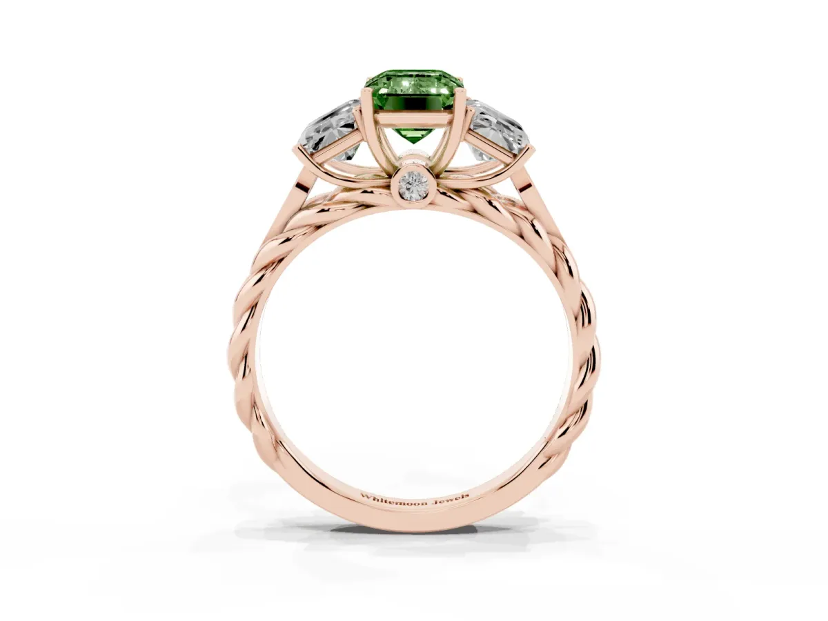 Fancy Green Three-Stone Emerald Cut Diamond Braided Band Ring with Four-Prong Setting Rose gold
