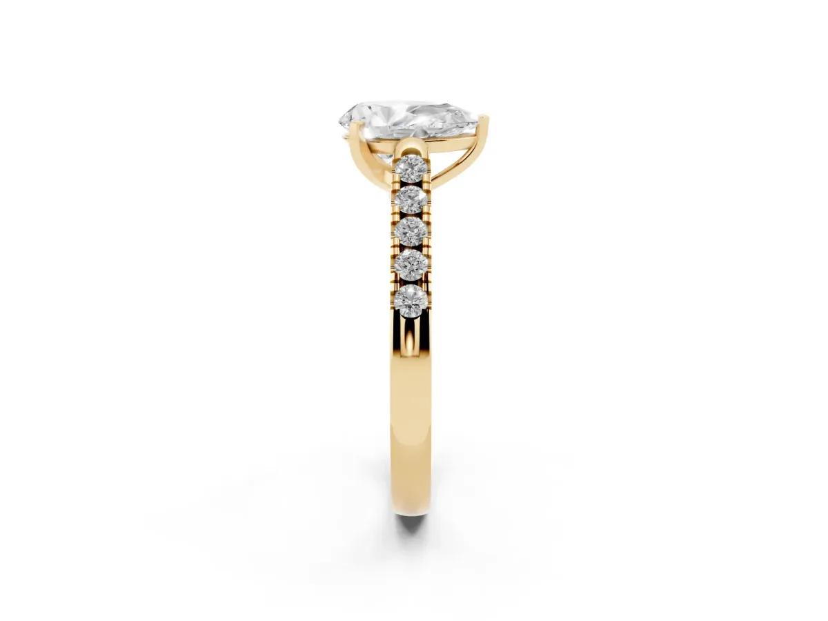 Pear Cut Diamond Pavé Band Solitaire Ring with Prong Setting Yellow gold