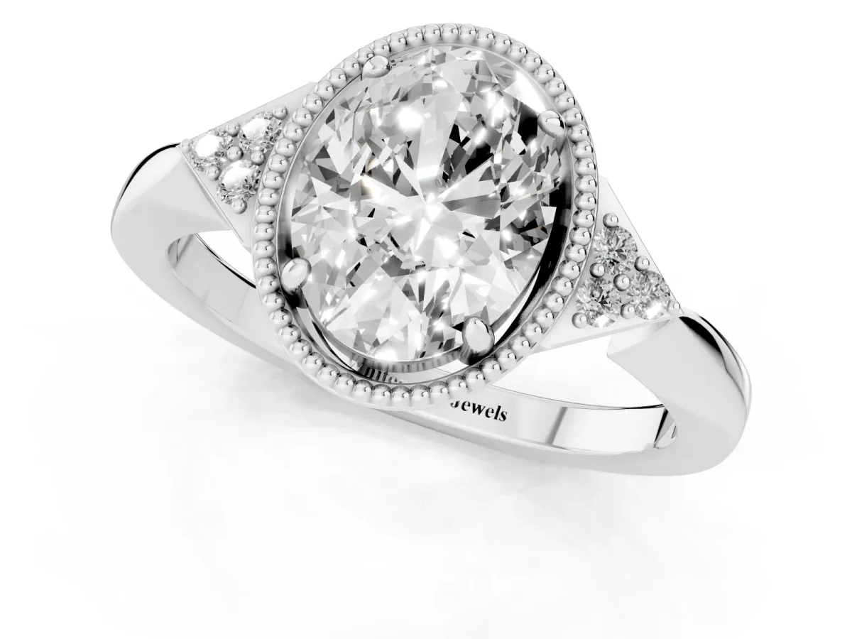 Hexagonal Halo Oval Cut Diamond Solitaire with Pavé Band and Four-Prong Setting Platinum