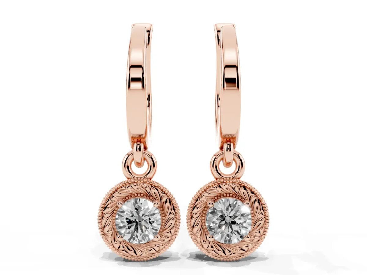 Round Cut Milgrain Bezel Set Leverback Earrings Rose gold