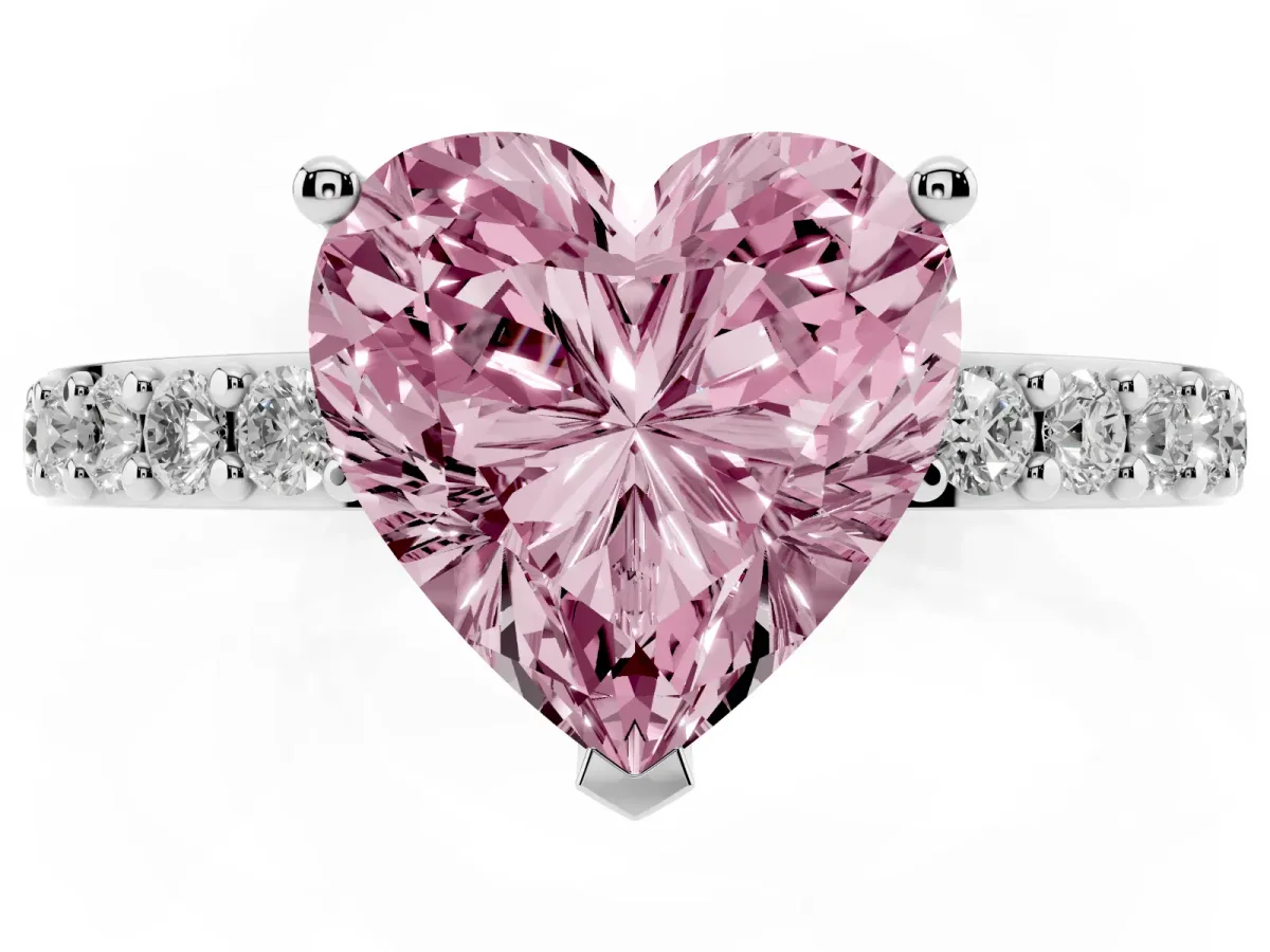 Fancy Pink Heart Cut Cut Diamond Solitaire with Pave Band and Four-Prong Setting Platinum