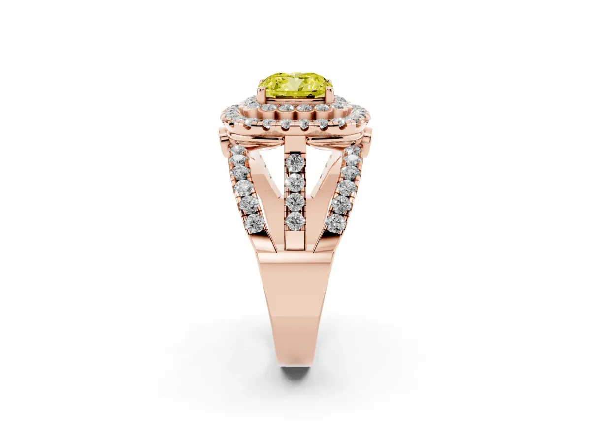 Fancy Yellow Cushion Cut Diamond Double Halo Ring with Round Pavé Split Shank and Prong Setting Rose gold
