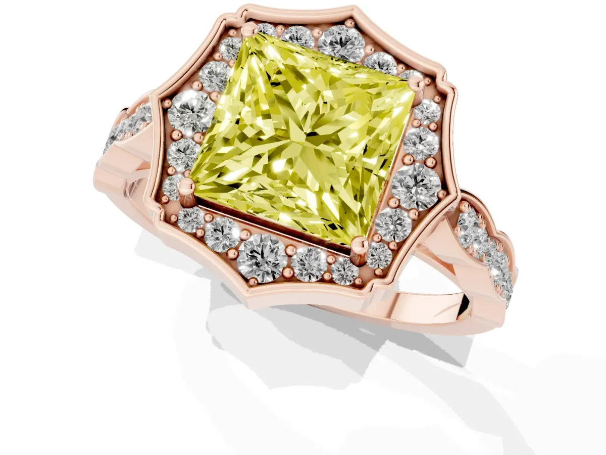 Fancy Yellow Princess Cut Halo Diamond Engagement Ring with Milgrain Band and Four-Prong Setting Rose gold