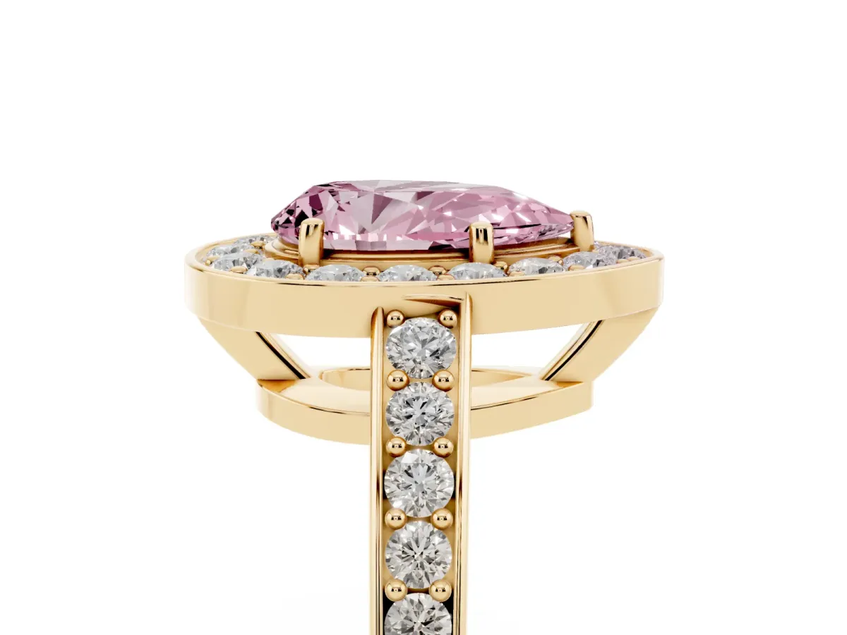 Fancy Pink Pear Cut Halo Pavé Diamond Engagement Ring with Bezel Setting Yellow gold