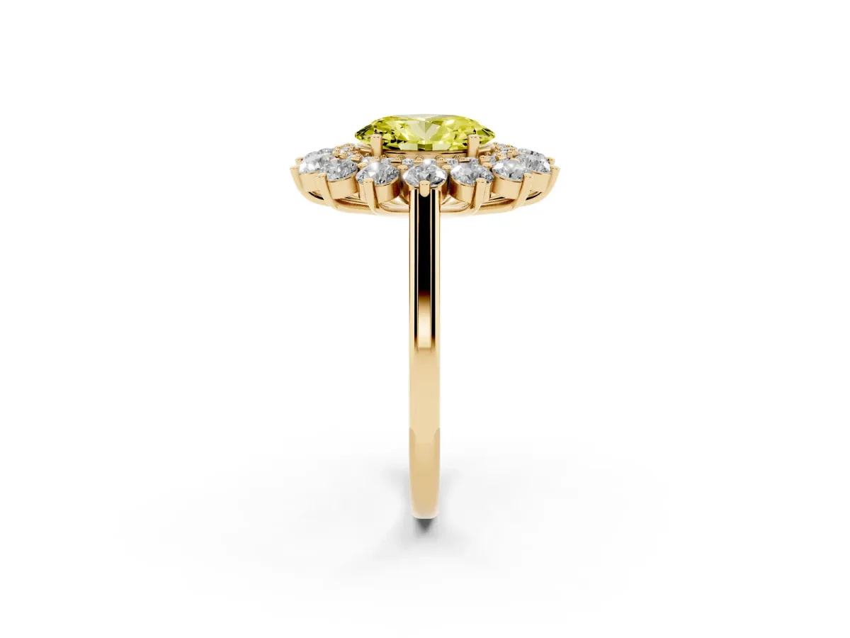 Fancy Yellow Oval Cut Diamond Floral Double Halo Engagement Ring with Prong Setting Yellow gold
