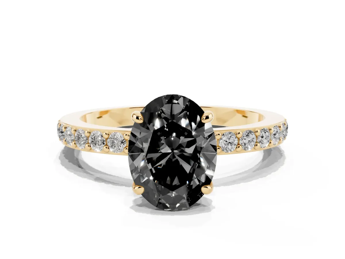 Fancy Black Oval Cut Diamond Pavé Engagement Ring with Round Accents and Prong Setting Yellow gold